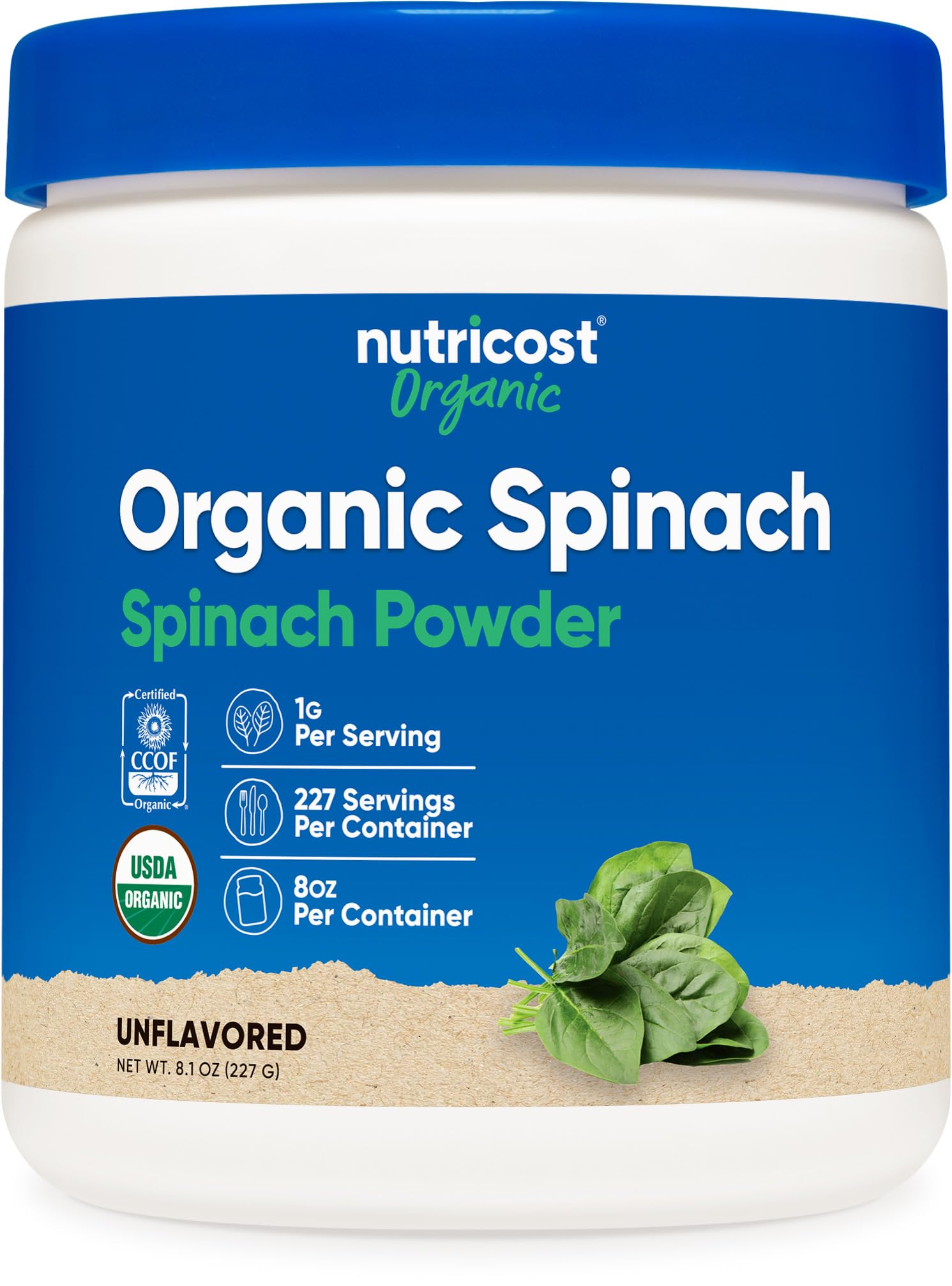 Nutricost Poudre d'épinards en bouteille, idéale pour smoothies nutritifs et naturels.