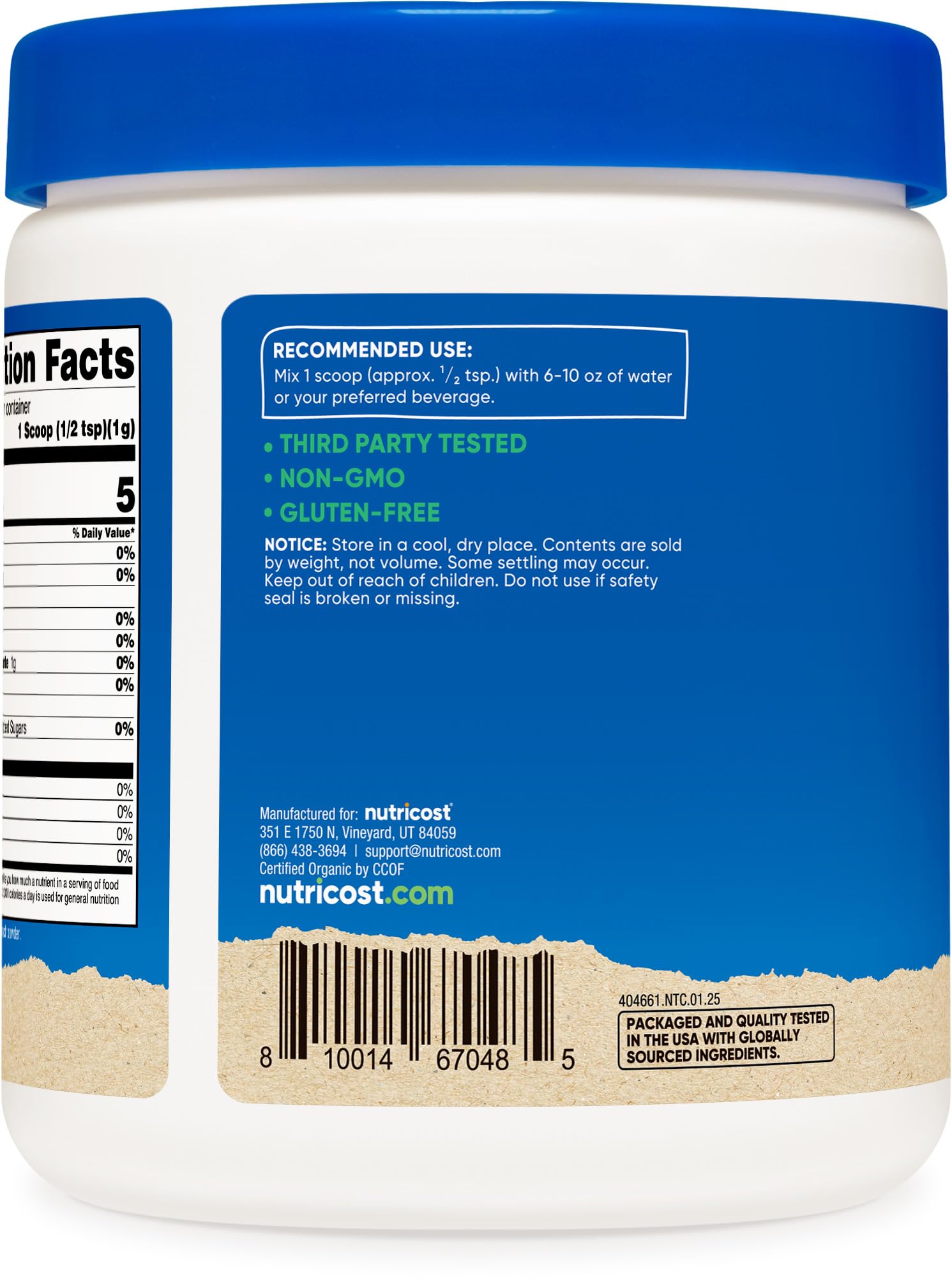 Nutricost Poudre d'épinards sans OGM et sans gluten, adaptée à divers régimes.