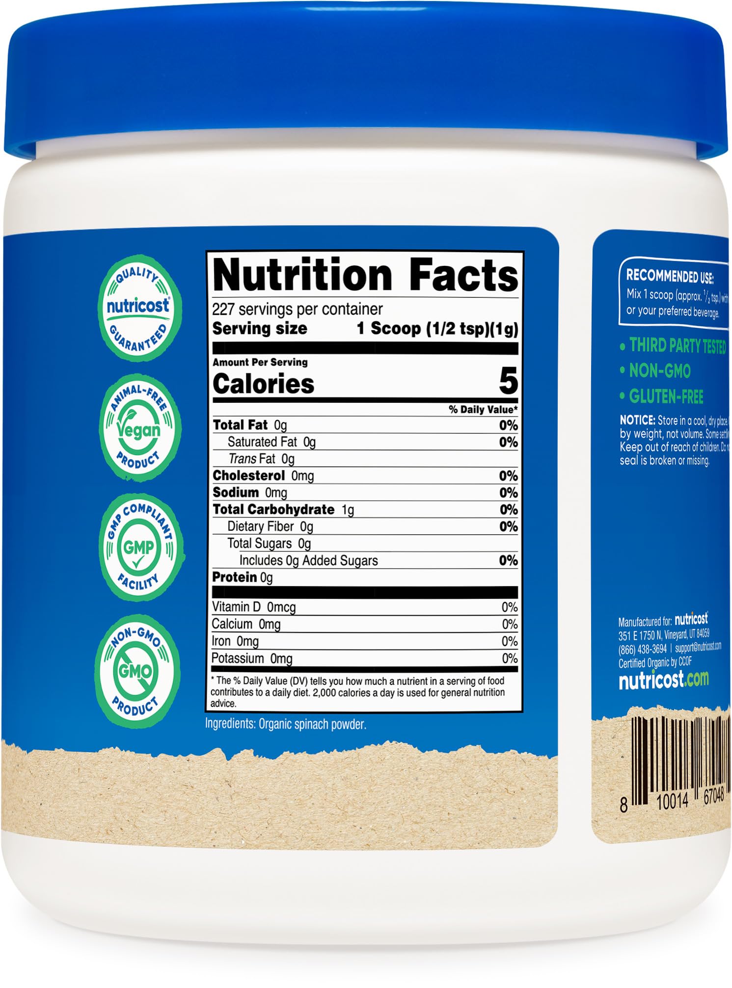 Nutricost Poudre d'épinards fabriquée dans une usine certifiée GMP et enregistrée FDA.