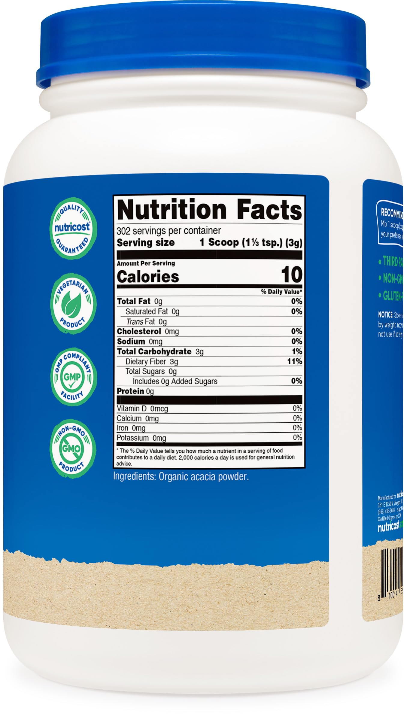 Étiquette Nutricost certifiée biologique et sans OGM est affichée.