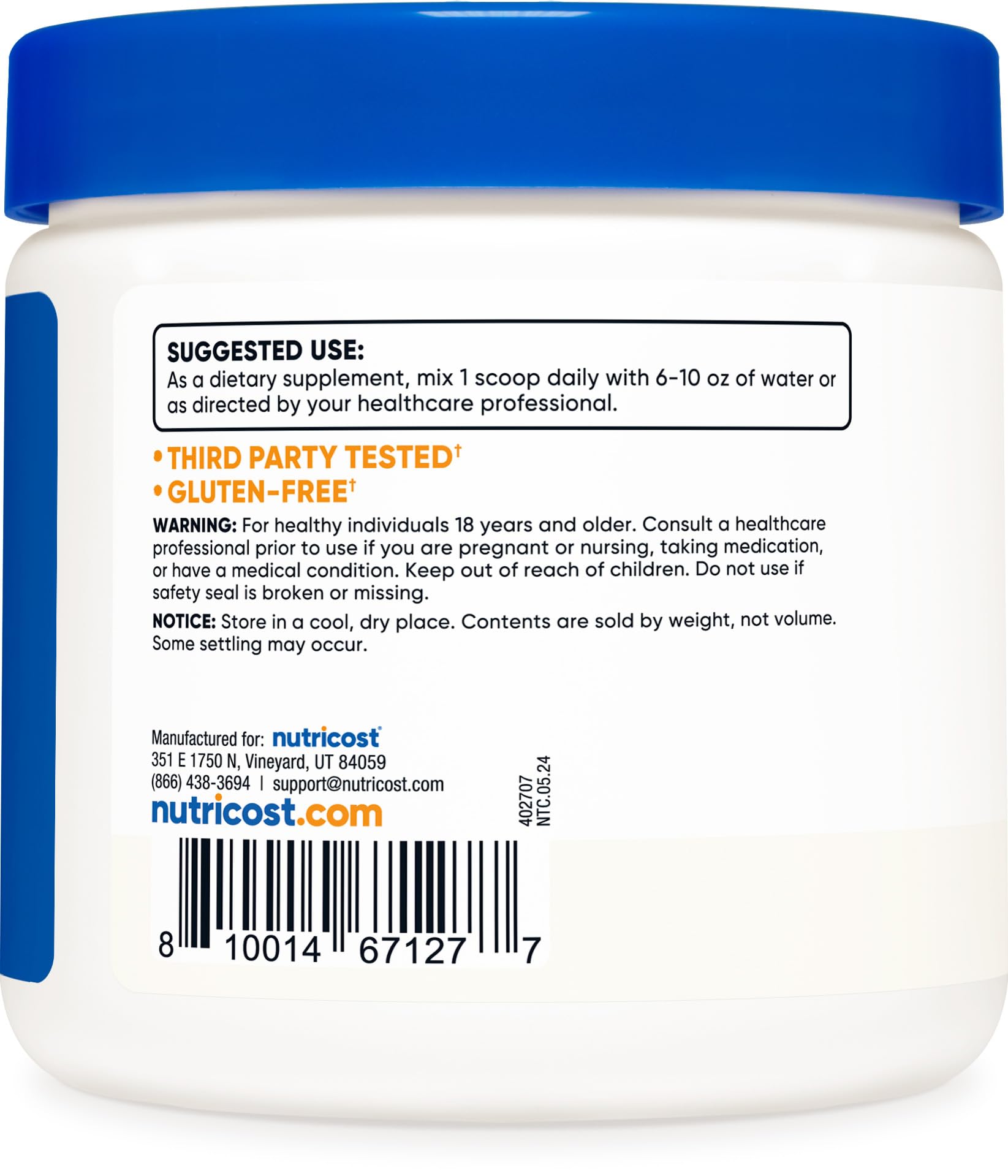 Poudre L-Carnosine Nutricost sans gluten et sans OGM pour divers régimes.