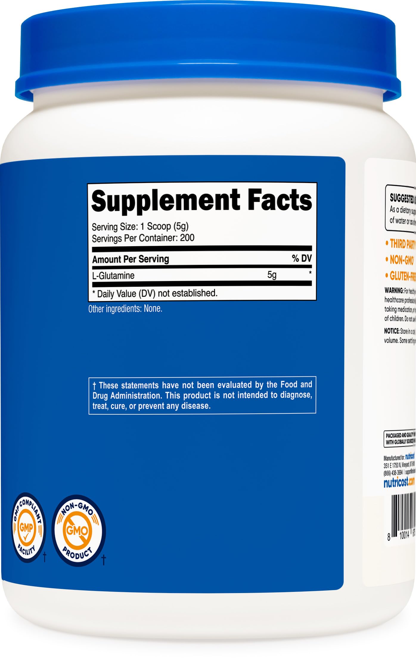 Nutricost L-Glutamine: emballage en usine, fabrication fiable