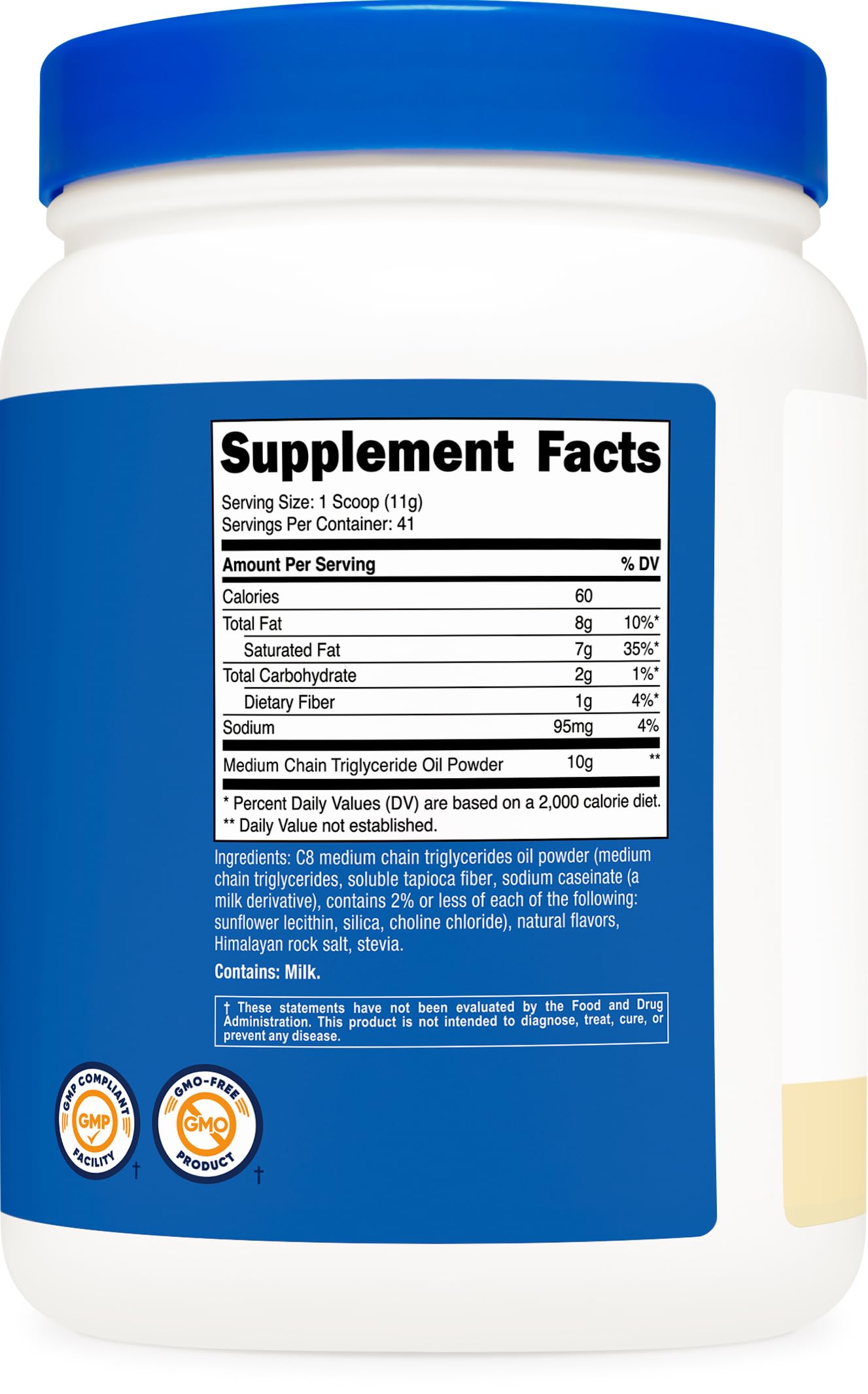 Nutricost Poudre MCT C8 – emballage sûr, sans OGM et sans gluten.