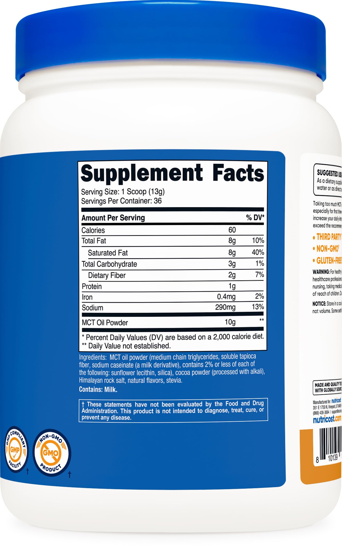 Nutricost Poudre MCT Caramel Salé Étiquette—informations claires et traçabilité certifiée.