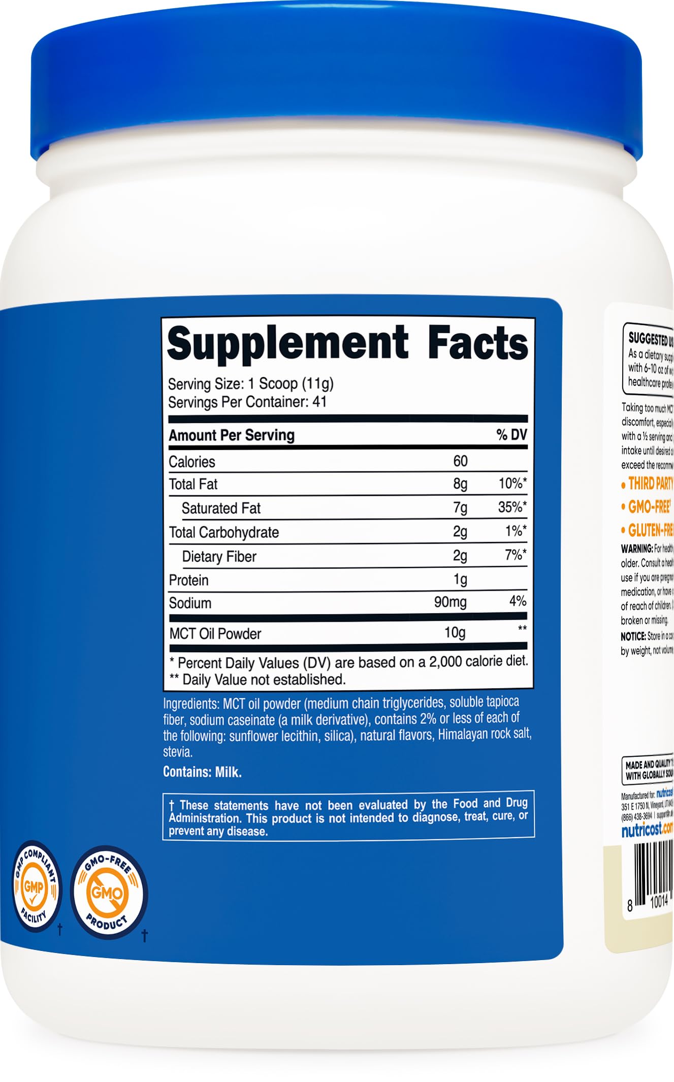 Étiquette Nutricost avec certifications GMP et FDA garantissant qualité et sécurité.