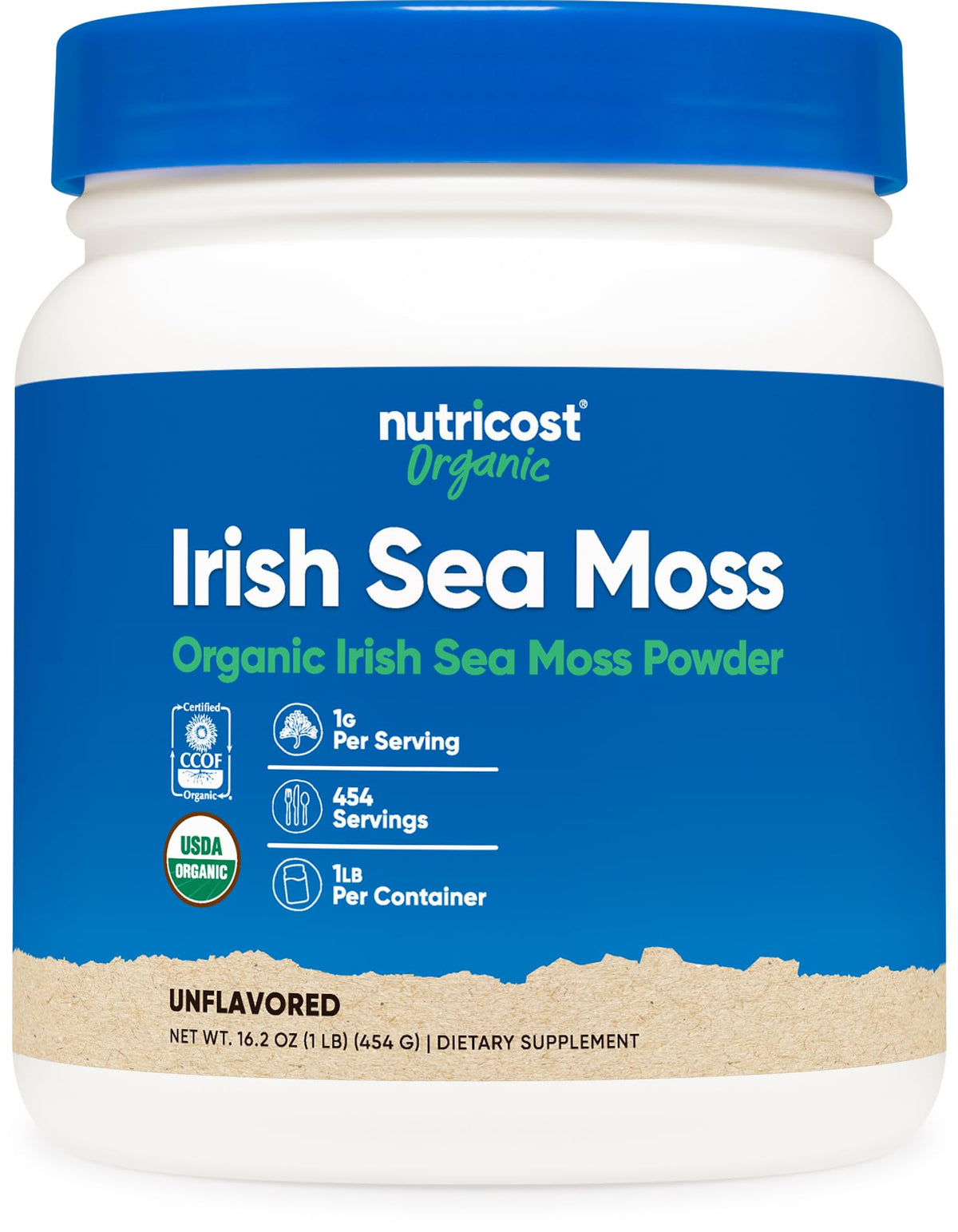 Nutricost Poudre mousse irlandaise biologique, bouteille visible, dosage pratique pour usage quotidien