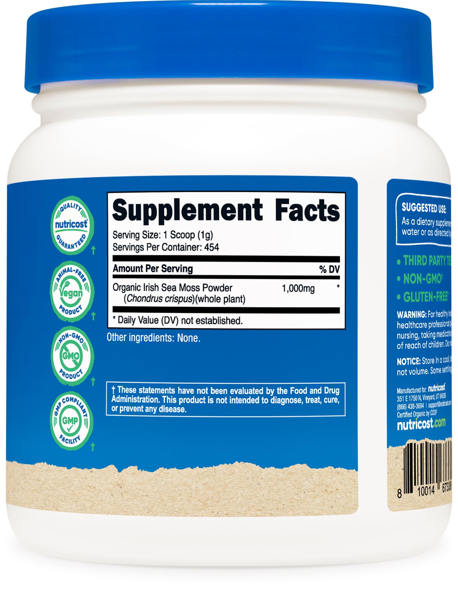 Nutricost poudre mousse irlandaise biologique, cuillère-doseuse en vue, mesure facile pour smoothies