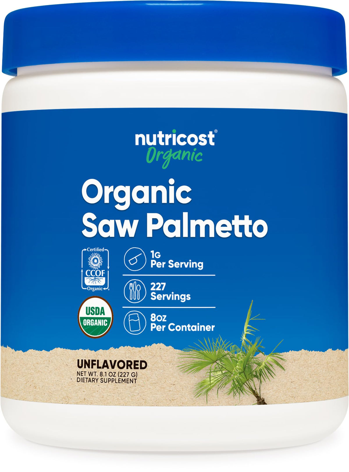 Nutricost poudre-palmetto dans une bouteille 8 oz, dosage facile.