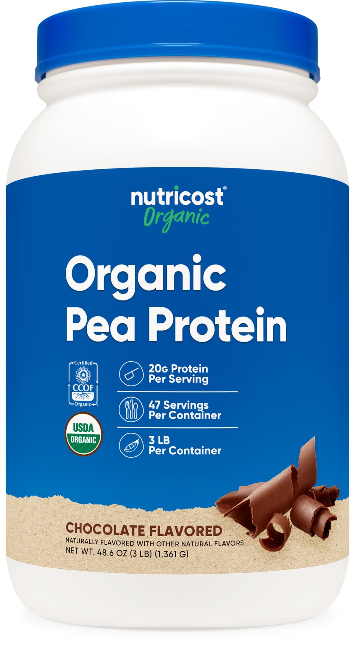 Nutricost Poudre de pois bio chocolat dans une bouteille prête à boire.