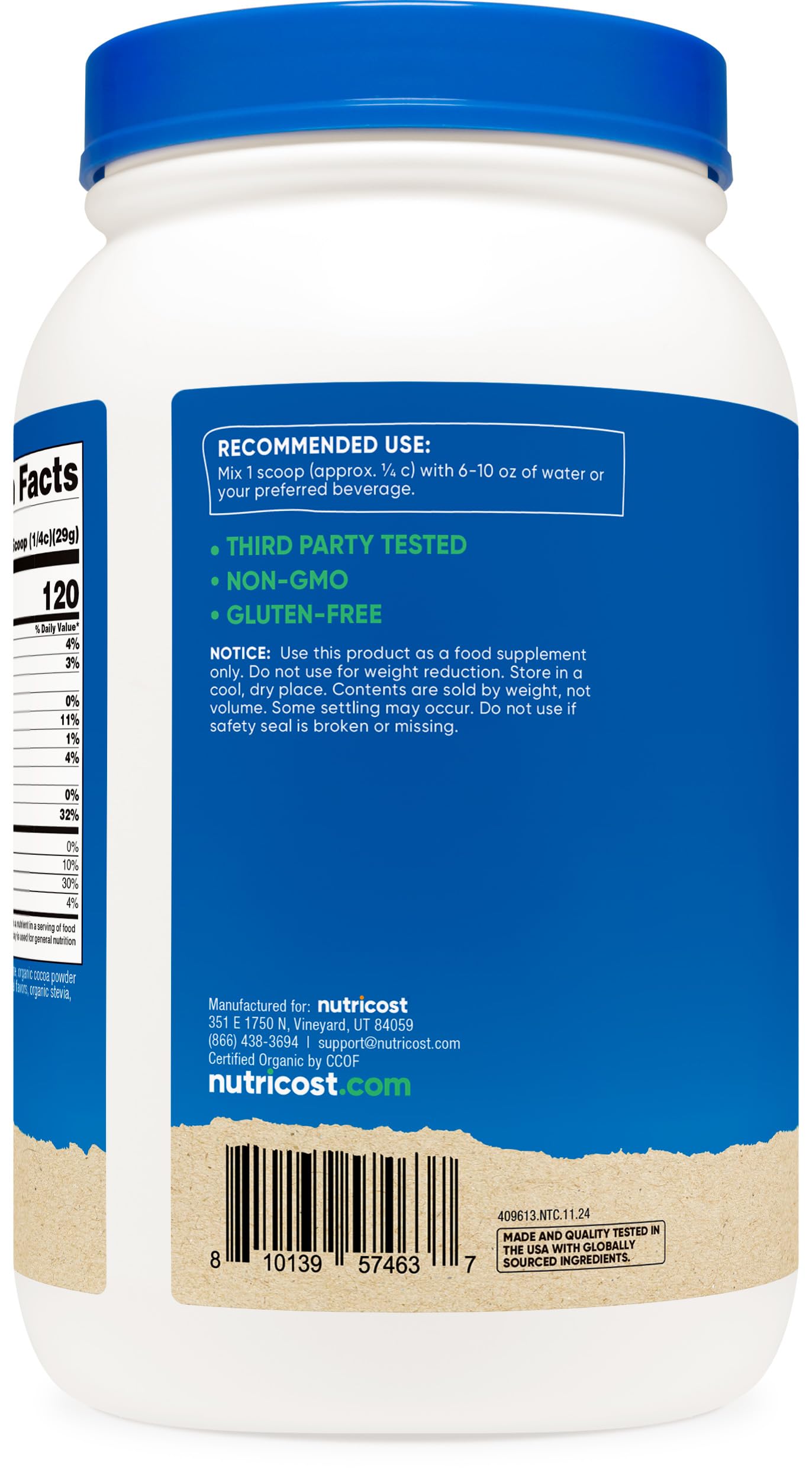 Étiquette Nutricost: poudre chocolat biologique adaptée sans gluten et sans OGM.