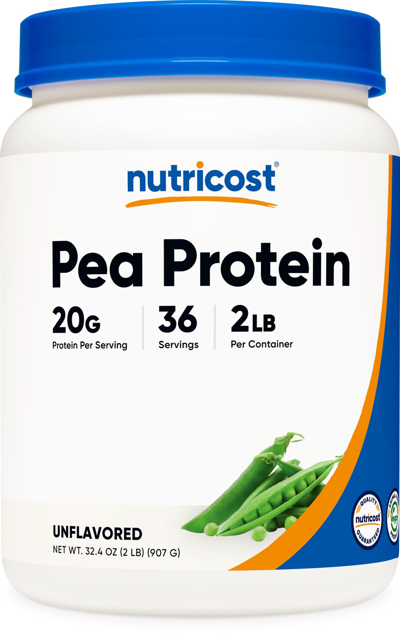 Nutricost poudre protéine pois, bouteille, idéale pour collations protéinées quotidiennes.