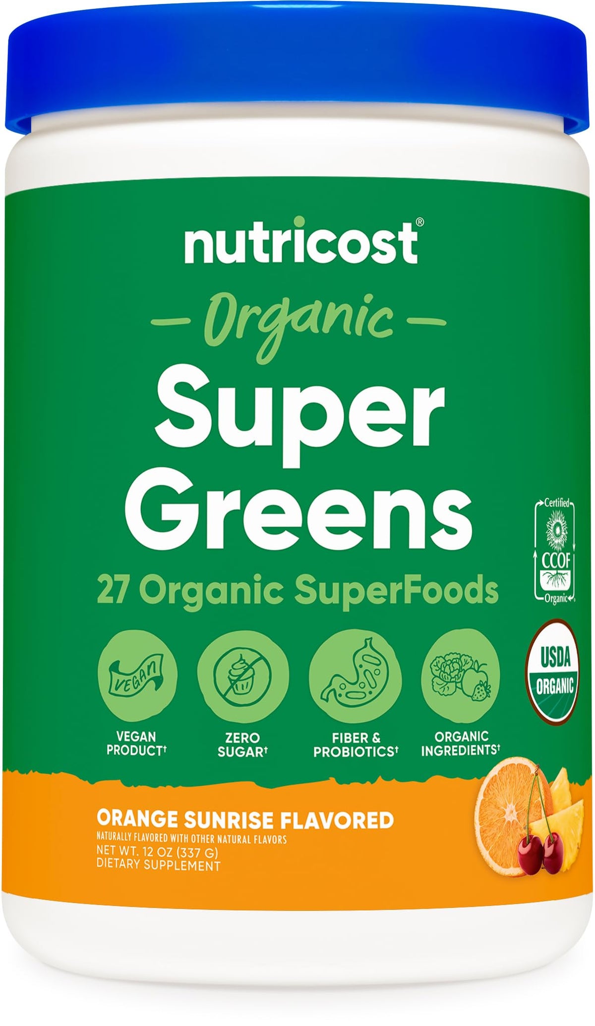 Nutricost Poudre super-aliments verts, bouteille, favorise une matinée équilibrée.