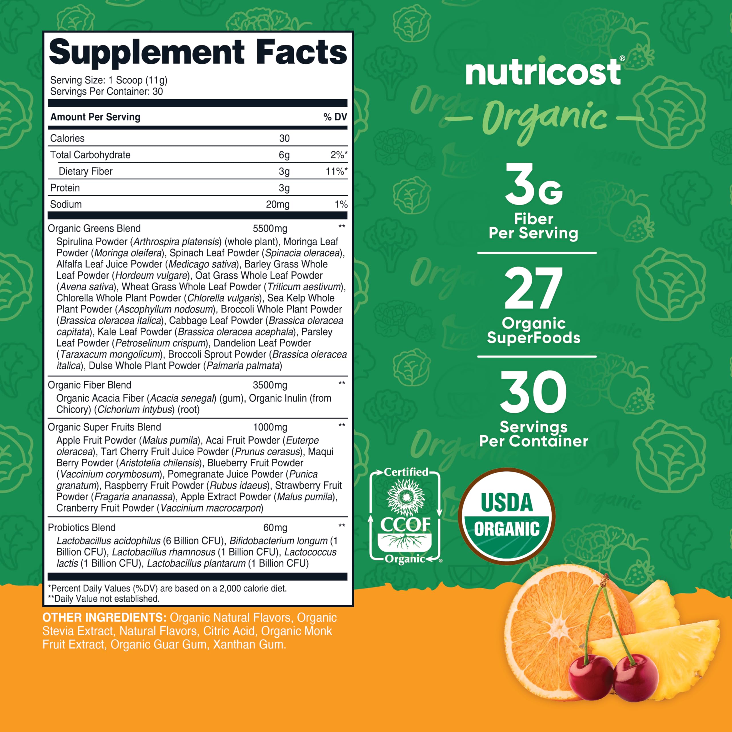 Nutricost Poudre super-aliments verts, verre, soutien quotidien en énergie naturelle.
