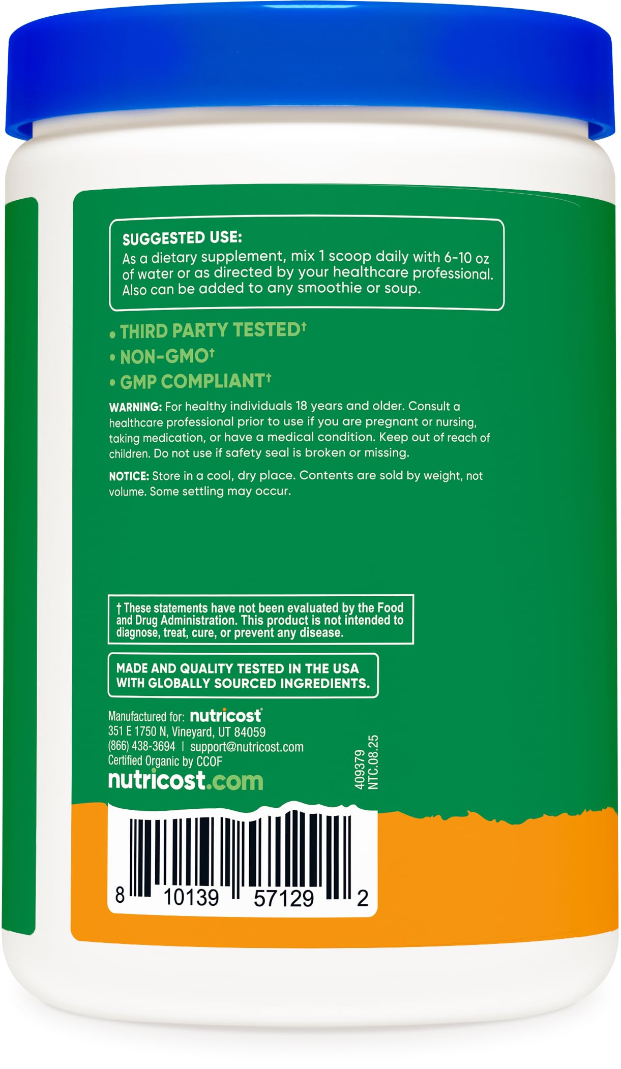 Nutricost Poudre verts, doseur inclus, format pratique à emporter.