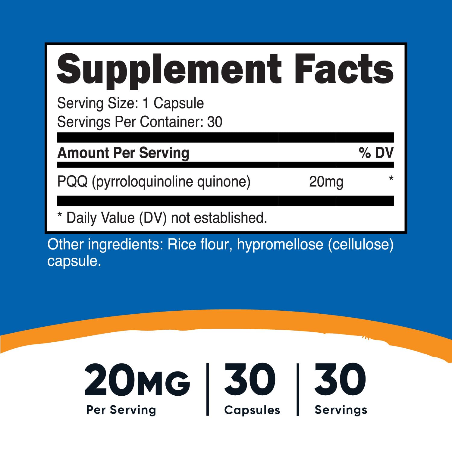 Nutricost PQQ 20 mg – bouteille prête à emporter, pratique en déplacement.