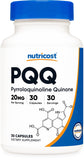 Nutricost PQQ 20 mg – capsules végétariennes visibles, usage quotidien potentiel.