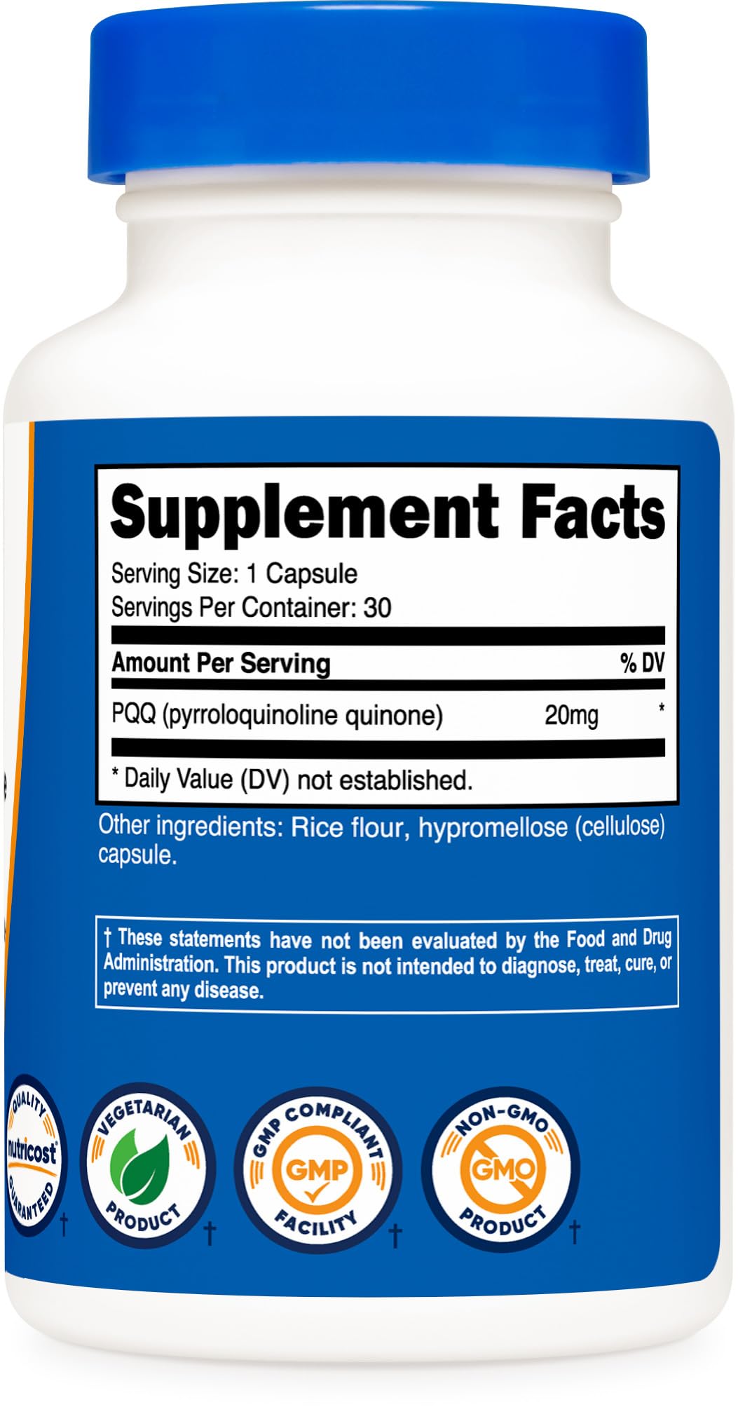 Nutricost PQQ 20 mg – tableau récapitulatif sur l'emballage, informations utiles.