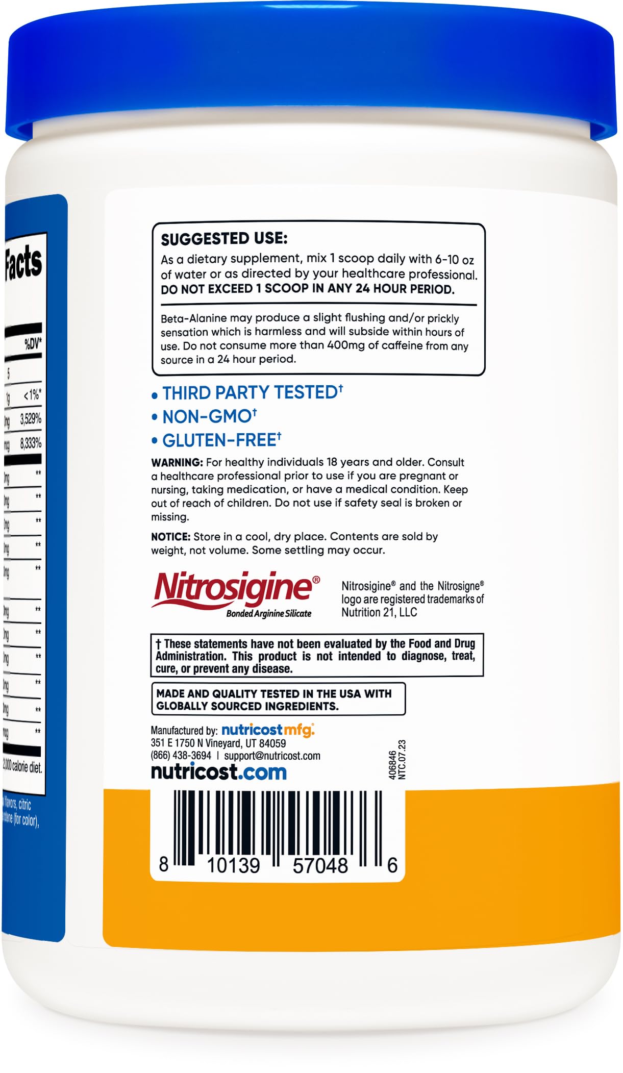 Nutricost Pre-C étiquette, transparence des ingrédients et traçabilité.