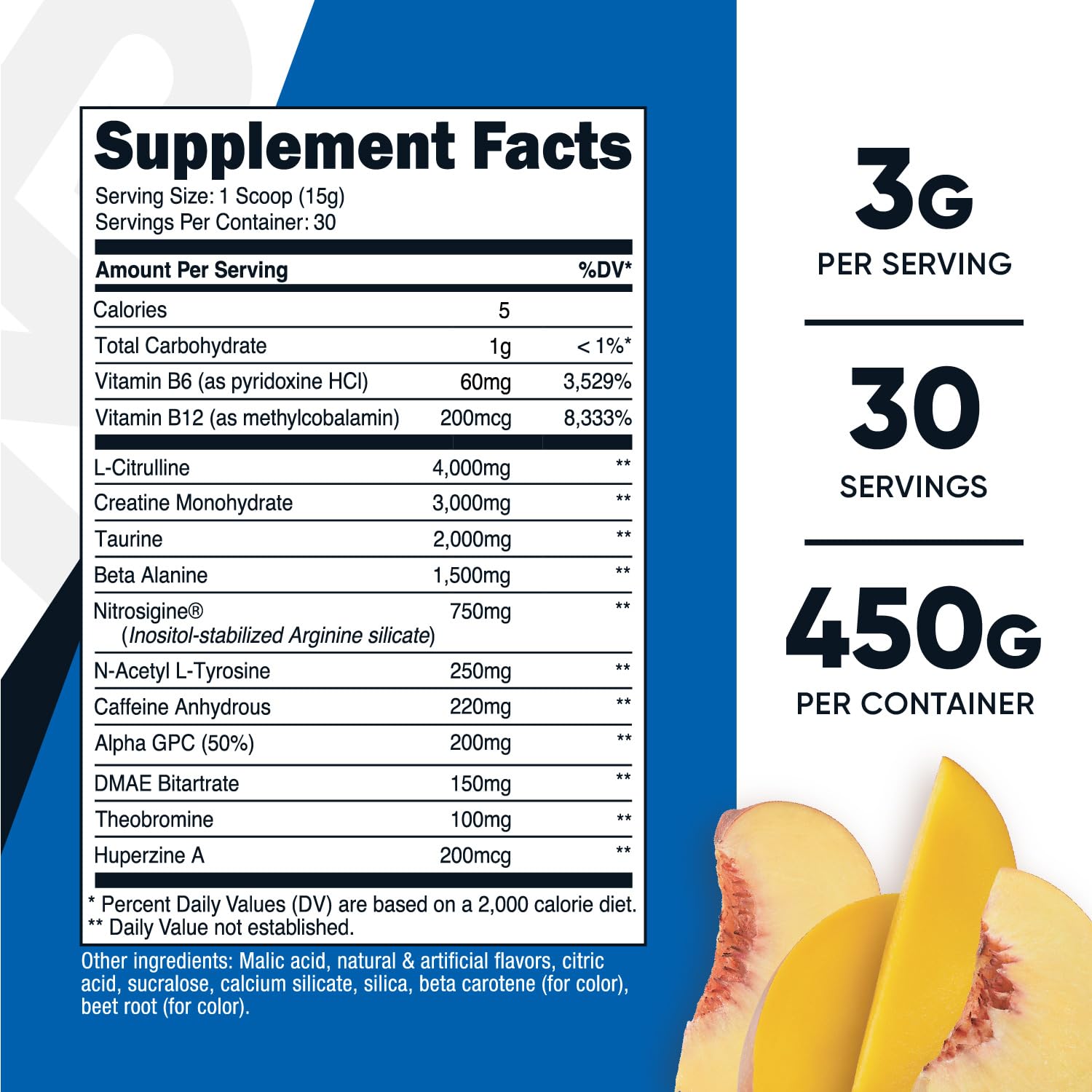 Nutricost Pre-C poudre Pêche Mangue, scoop prêt pour énergie durable pendant l'effort.