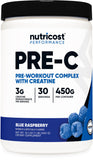 Nutricost Pre-C avec créatine, poudre bleu-framboise, énergie pendant l'entraînement.