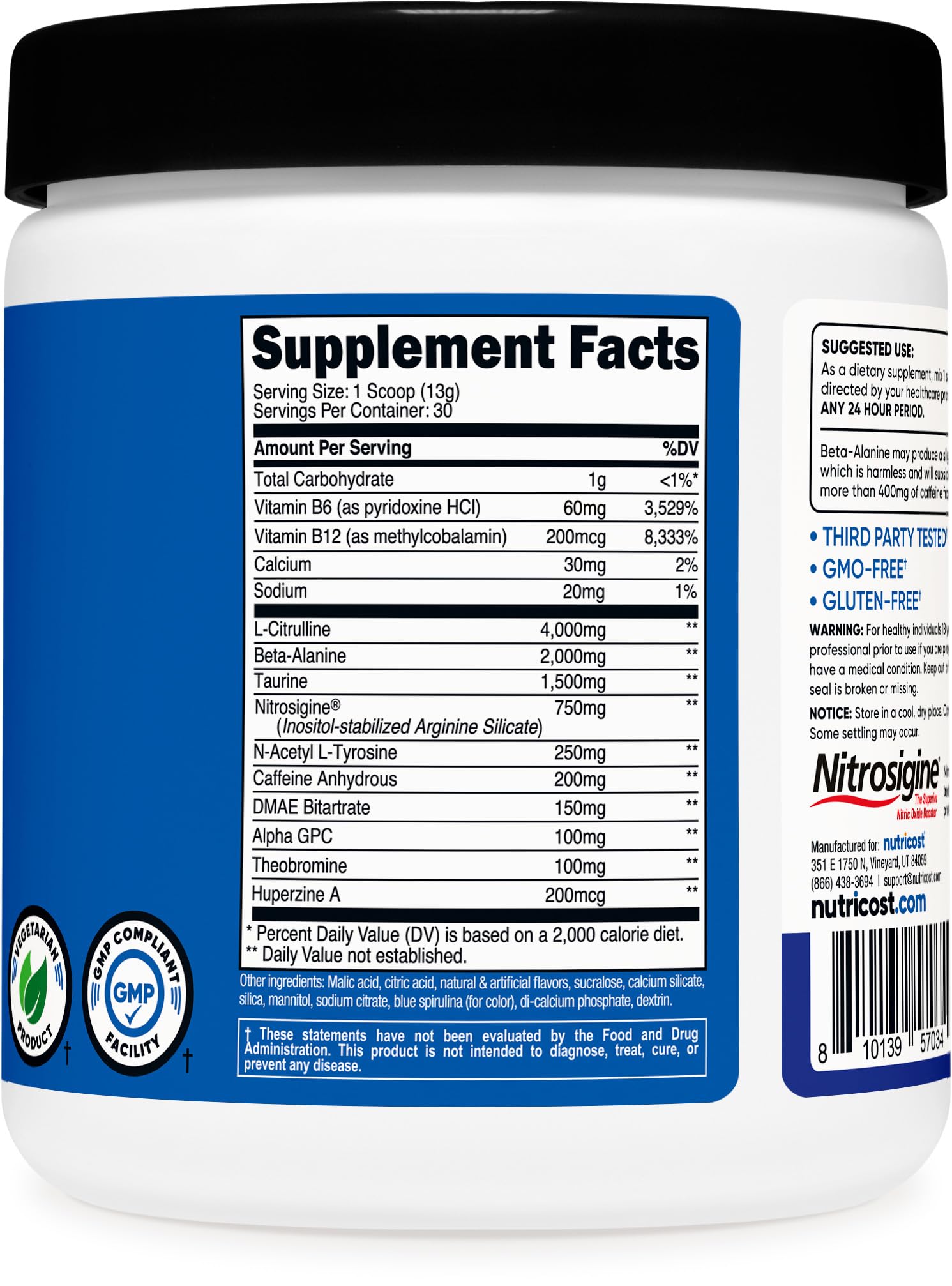 Nutricost Pré-entraînement Complexe, certification NSF et GMP, assurance qualité et traçabilité.