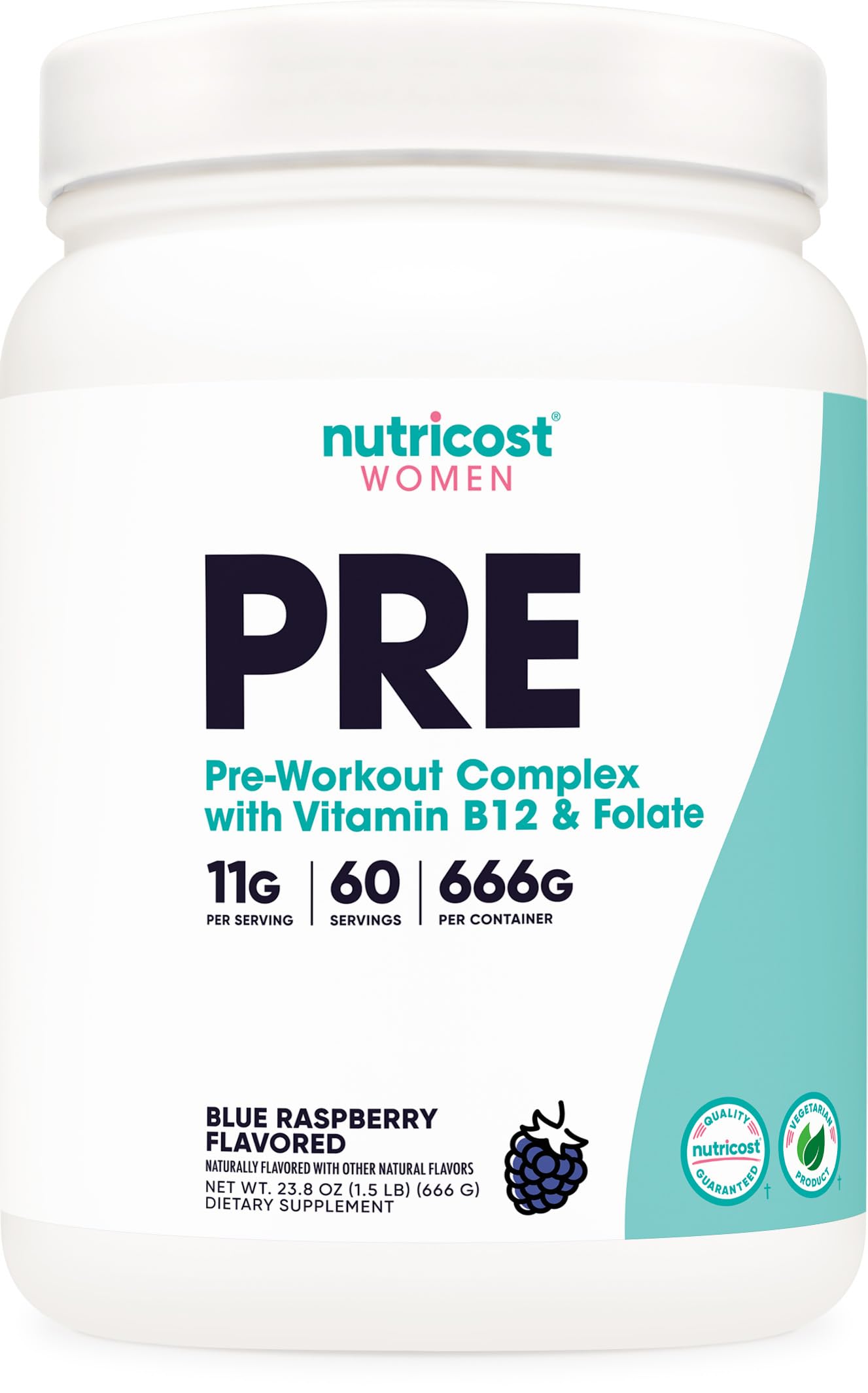 Nutricost pré-entraînement pour femmes, bouteille bleu framboise prête pour l'entraînement.