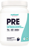 Nutricost pré-entraînement pour femmes, bouteille bleu framboise prête pour l'entraînement.