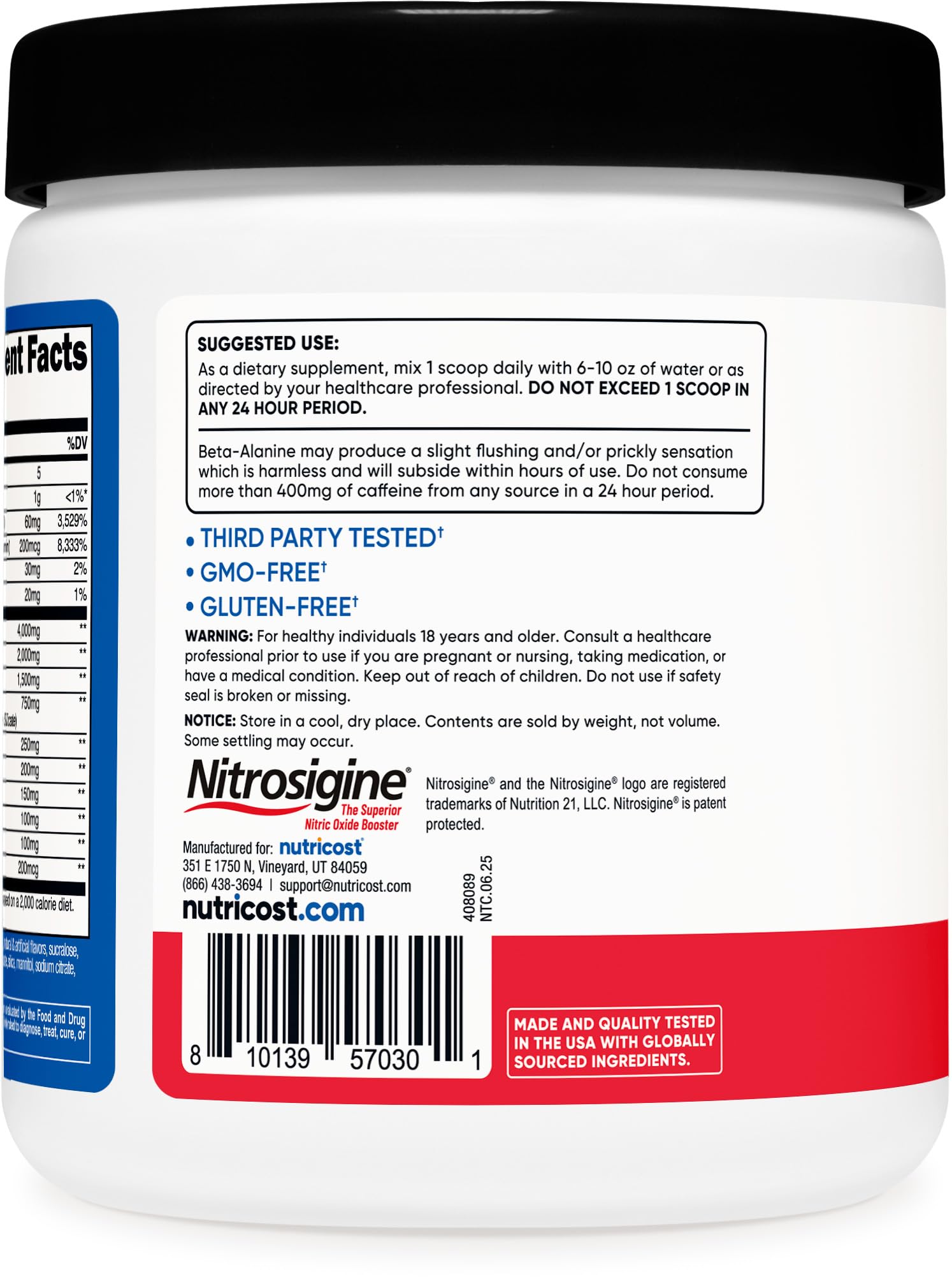 Étiquette Nutricost Pré-entraînement, informations qualité et sécurité