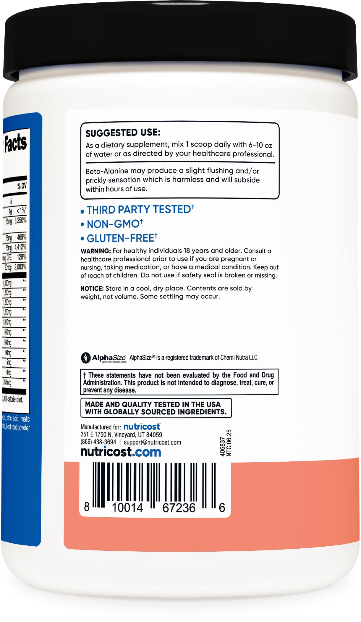 Nutricost pré-entraînement sans stimulants, emballage sans OGM.