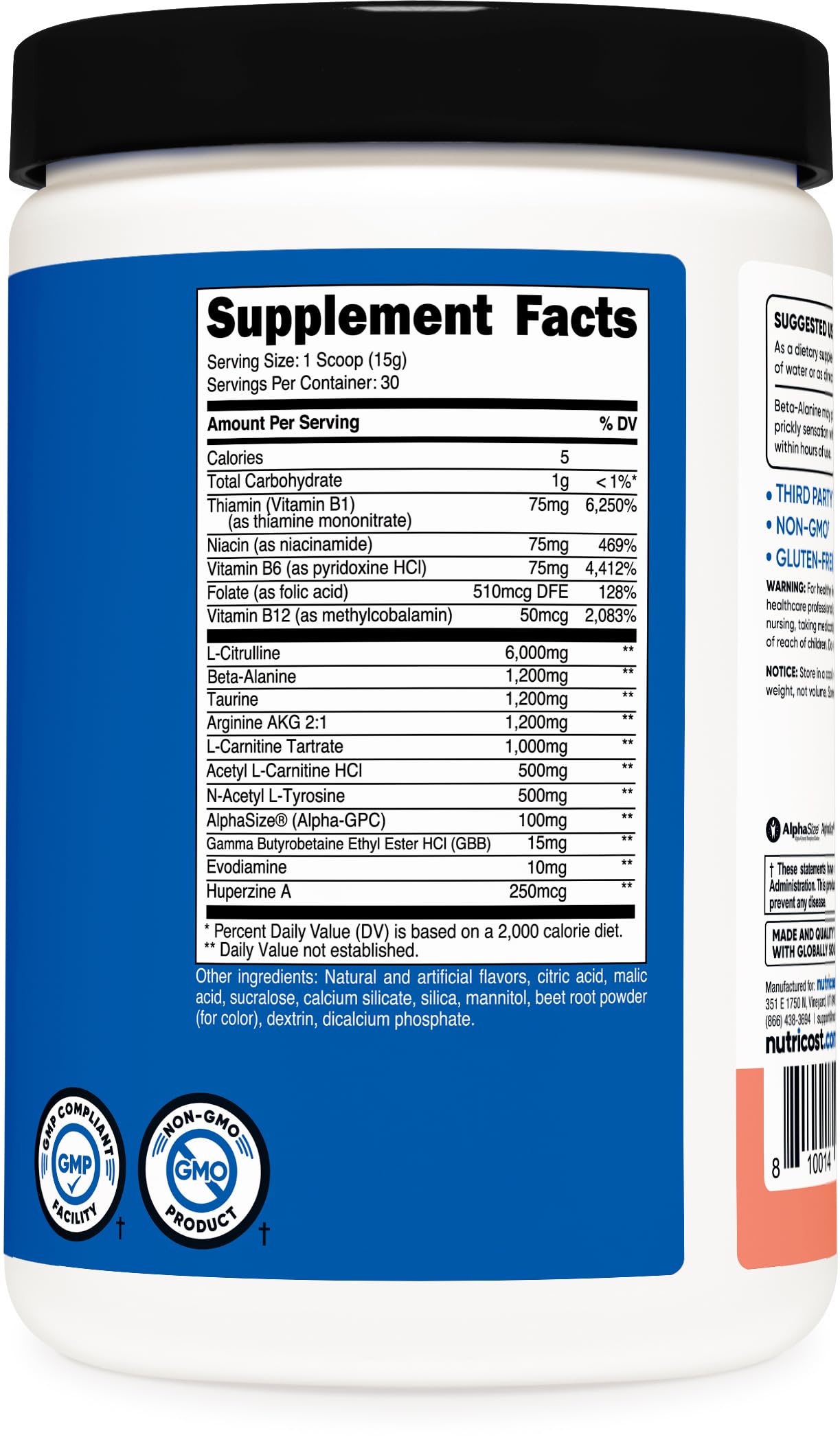 Nutricost pré-entraînement sans stimulants, mélange facile dans l’eau.