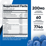 Cuillère Nutricost Pré-Entraînement et poudre framboise bleue prête à être mélangée.