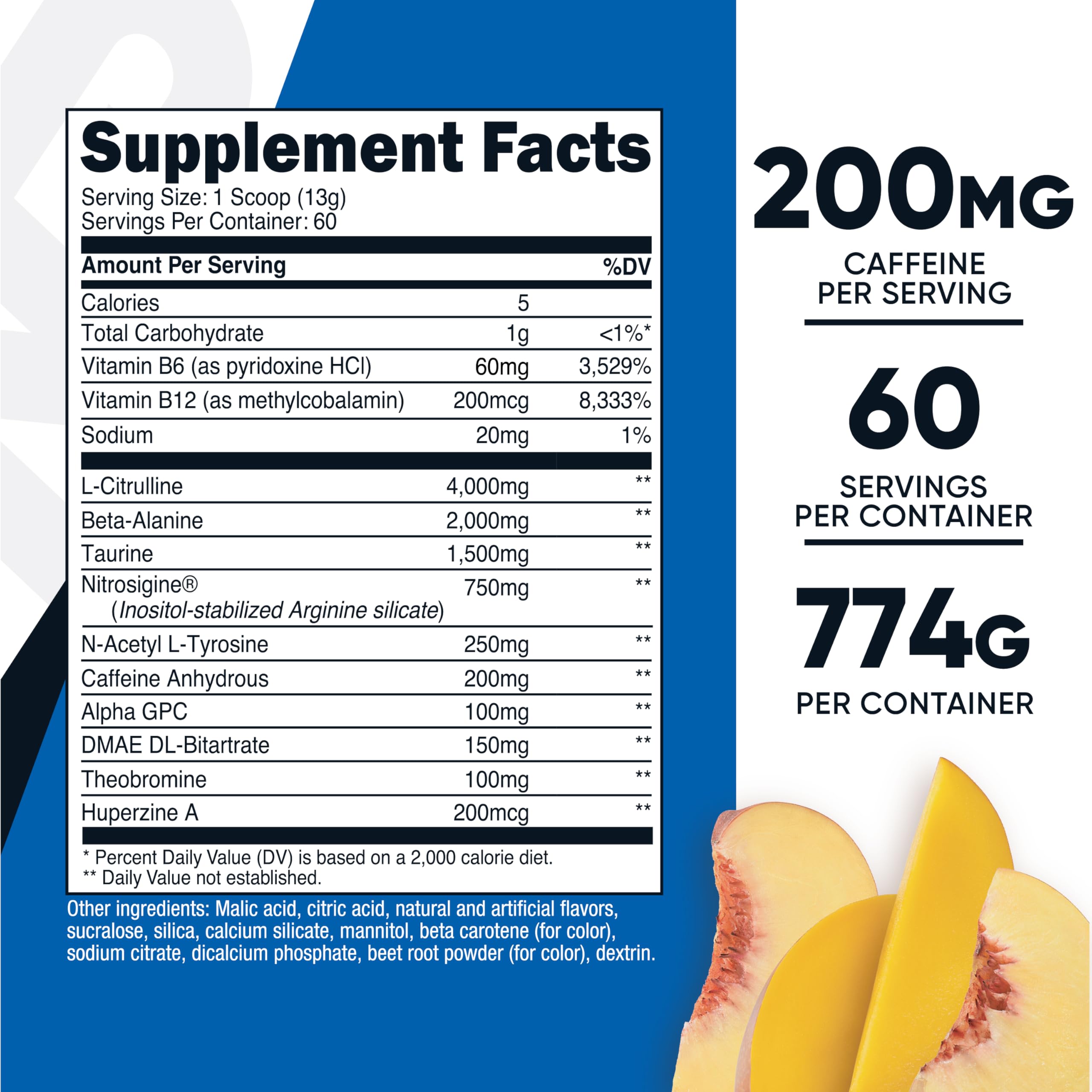 Nutricost Pré-Entraînement Pêche Mangue, doseur: dosage pratique pour une session optimisée.