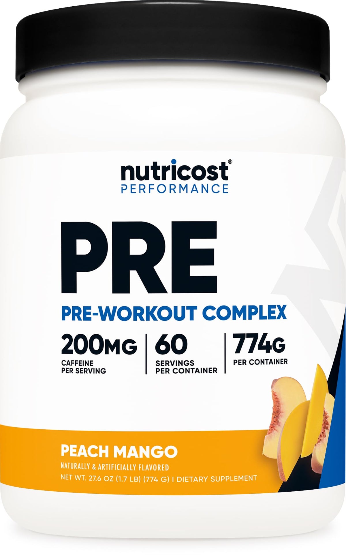 Nutricost Pré-Entraînement Pêche Mangue, flacon: énergie soutenue pour l'entraînement.