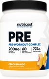 Nutricost Pré-Entraînement Pêche Mangue, flacon: énergie soutenue pour l'entraînement.