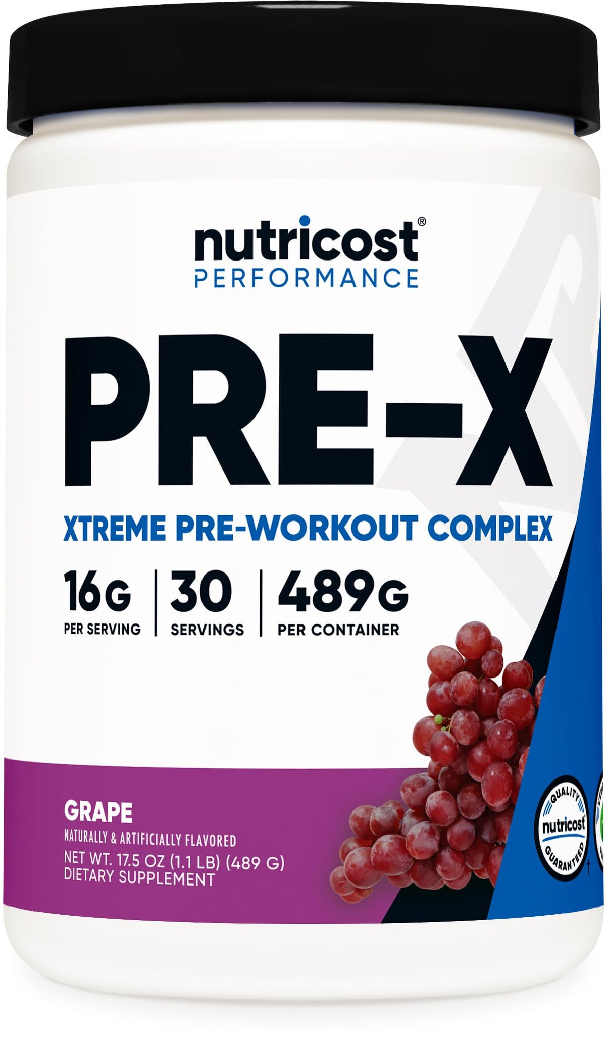 Nutricost Pre-X flacon avec dose de 15 g promettant énergie pré-entraînement potentielle.