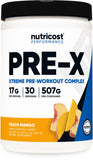 Nutricost Pre-X Xtreme emballage Peach Mango prêt pour la séance d’entraînement.
