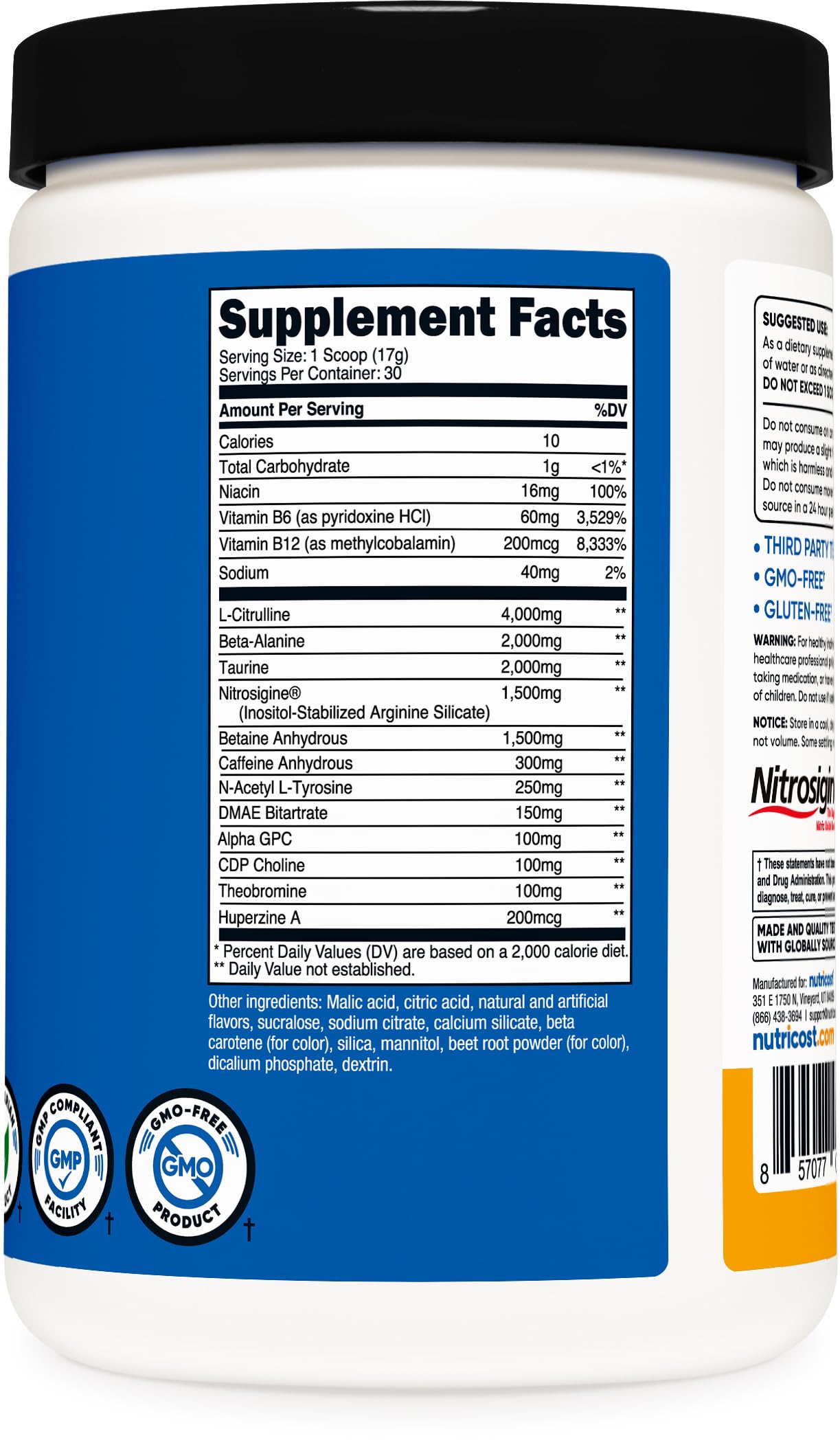 Nutricost Pre-X Xtreme végétarien et sans gluten affiché sur l’étiquette.