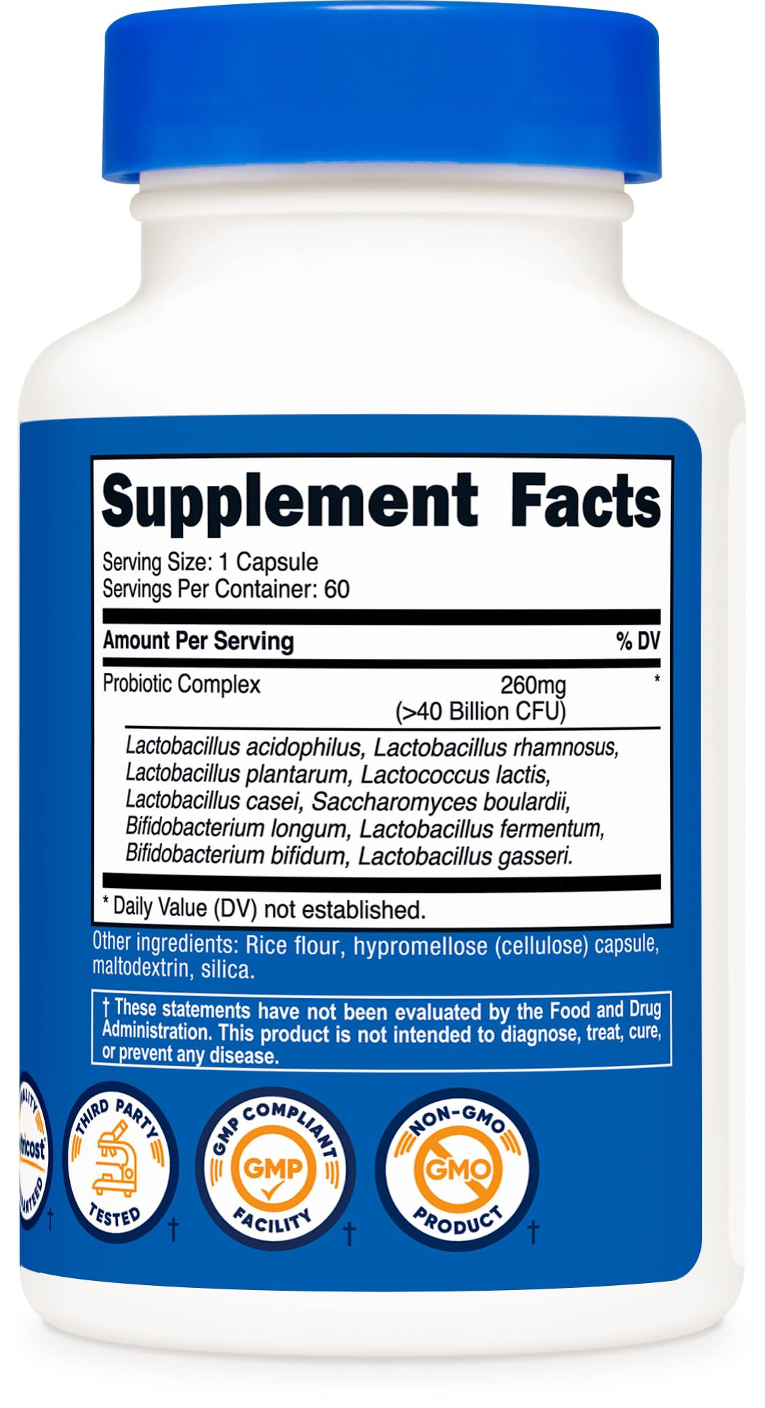 Nutricost Complexe Probiotiques – boîte sur étagère bien être, rangement pratique.