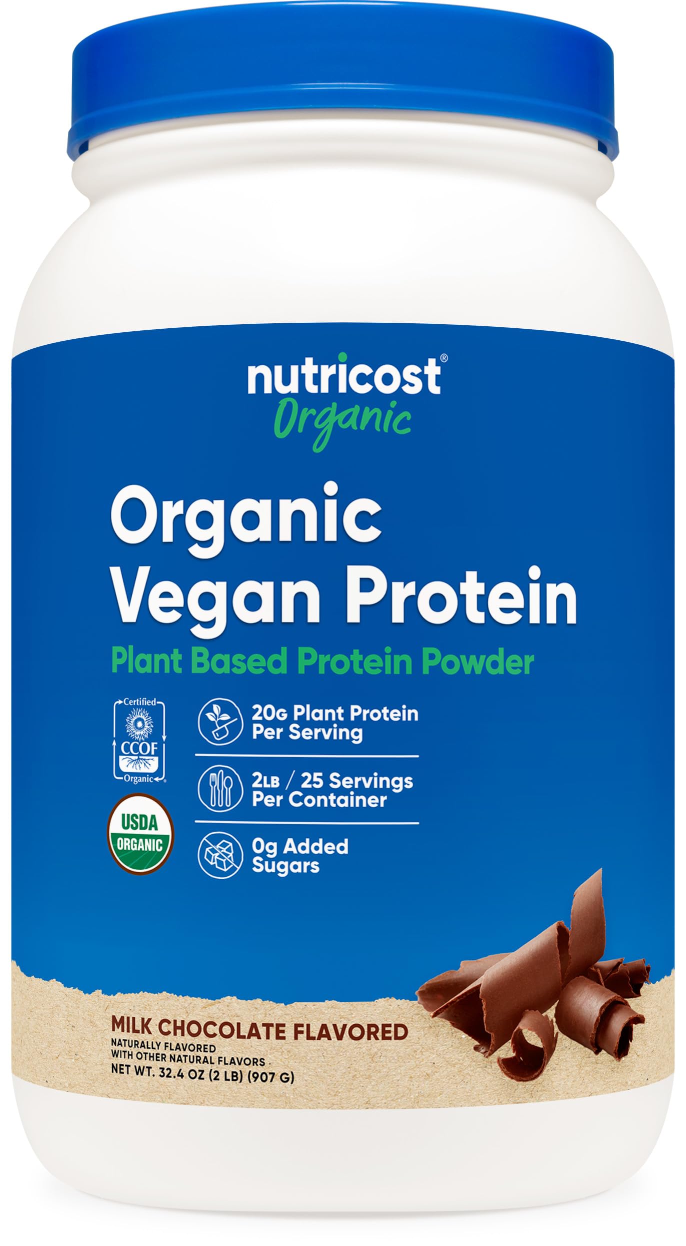 Nutricost protéine végan chocolat 2 lb — emballage pratique pour des portions quotidiennes.