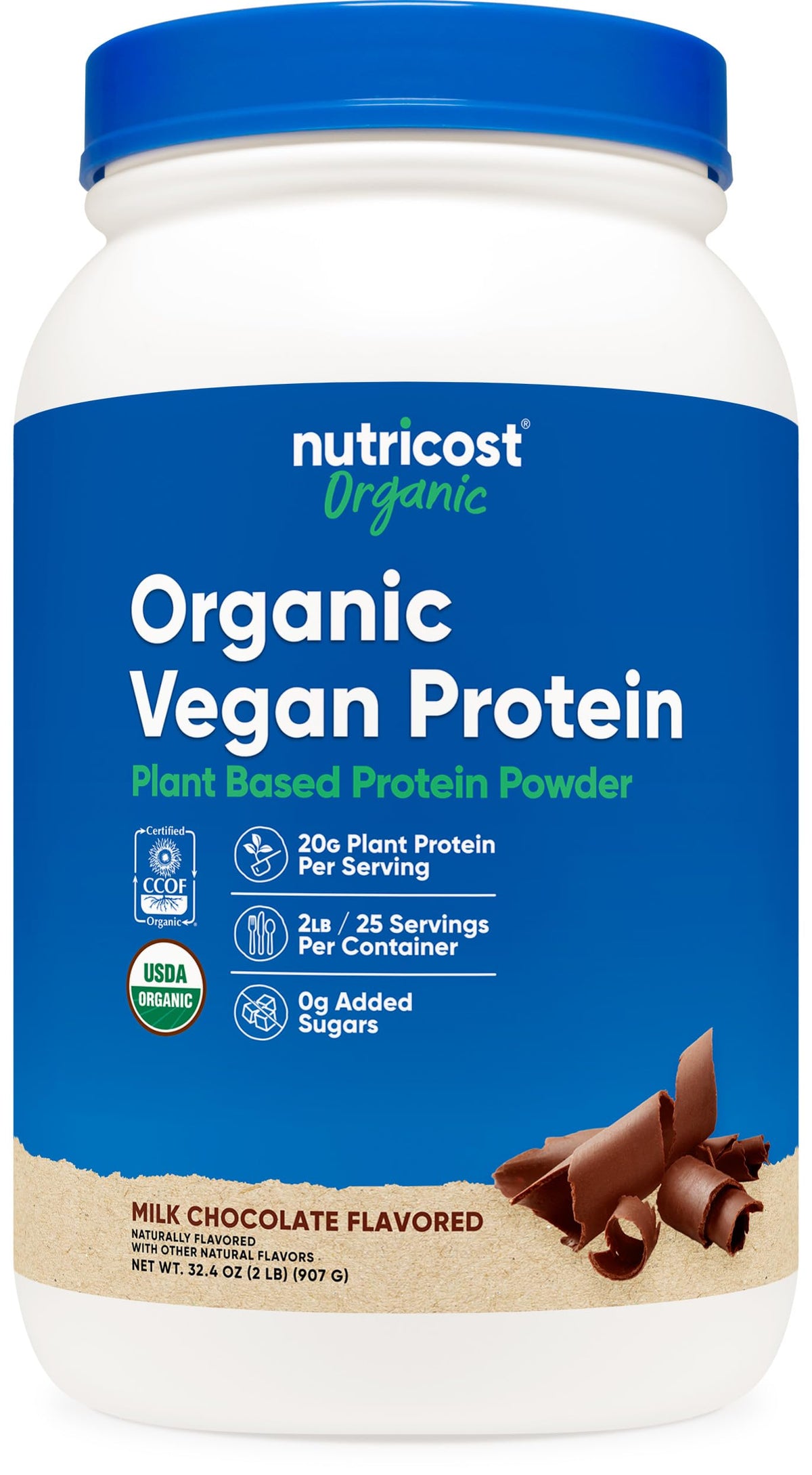 Nutricost protéine végan chocolat 2 lb — emballage pratique pour des portions quotidiennes.