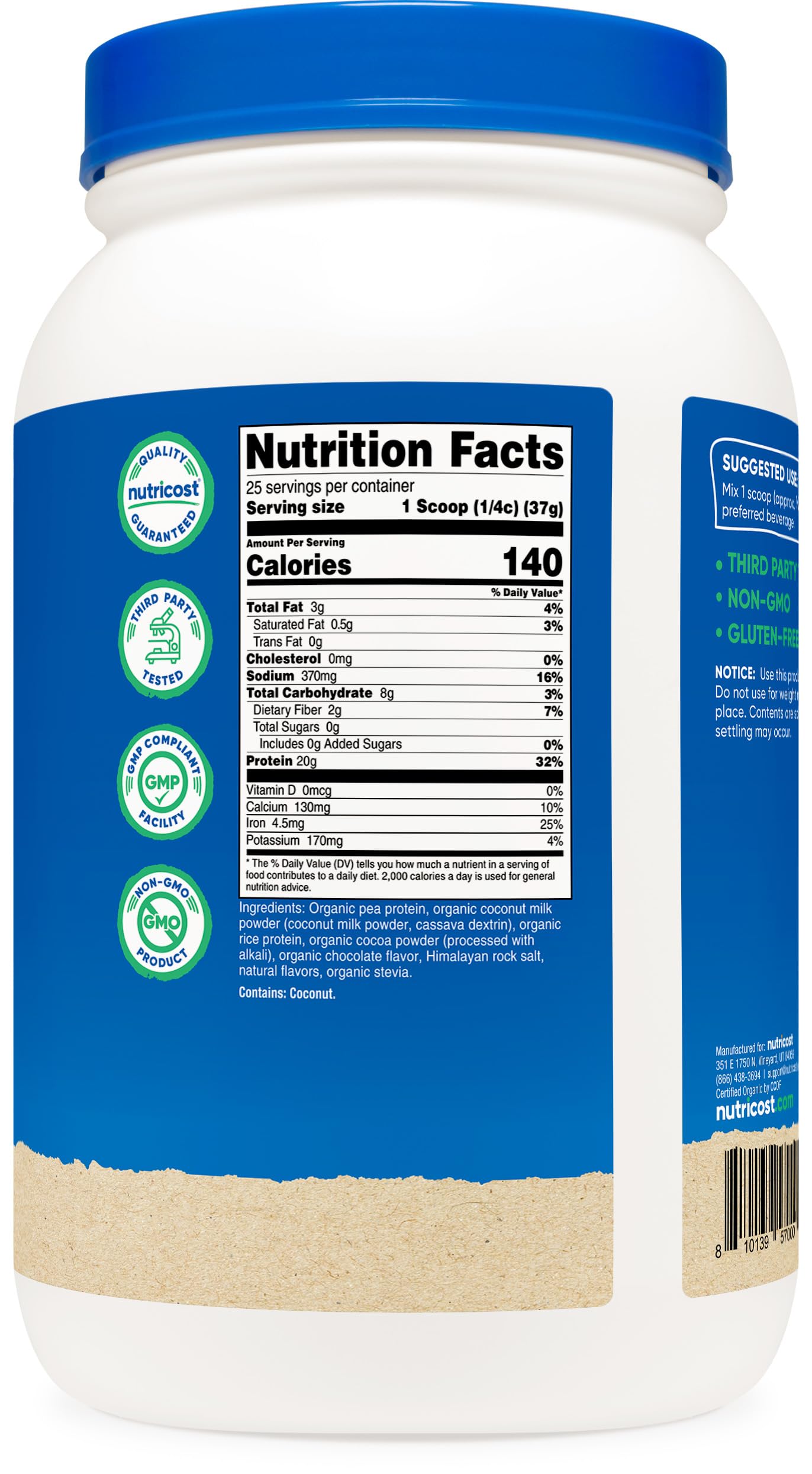 Nutricost protéine végan chocolat 2 lb — sans gluten et sans OGM certifiés.