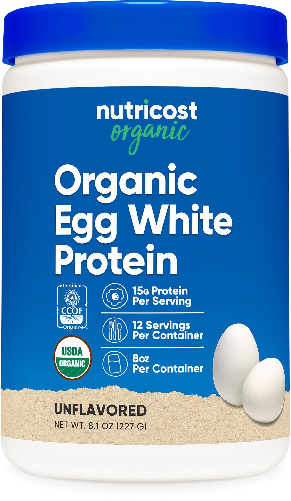 Nutricost protéine blanc d'œuf bio naturel en bouteille, facile à doser pour shakes quotidiens.