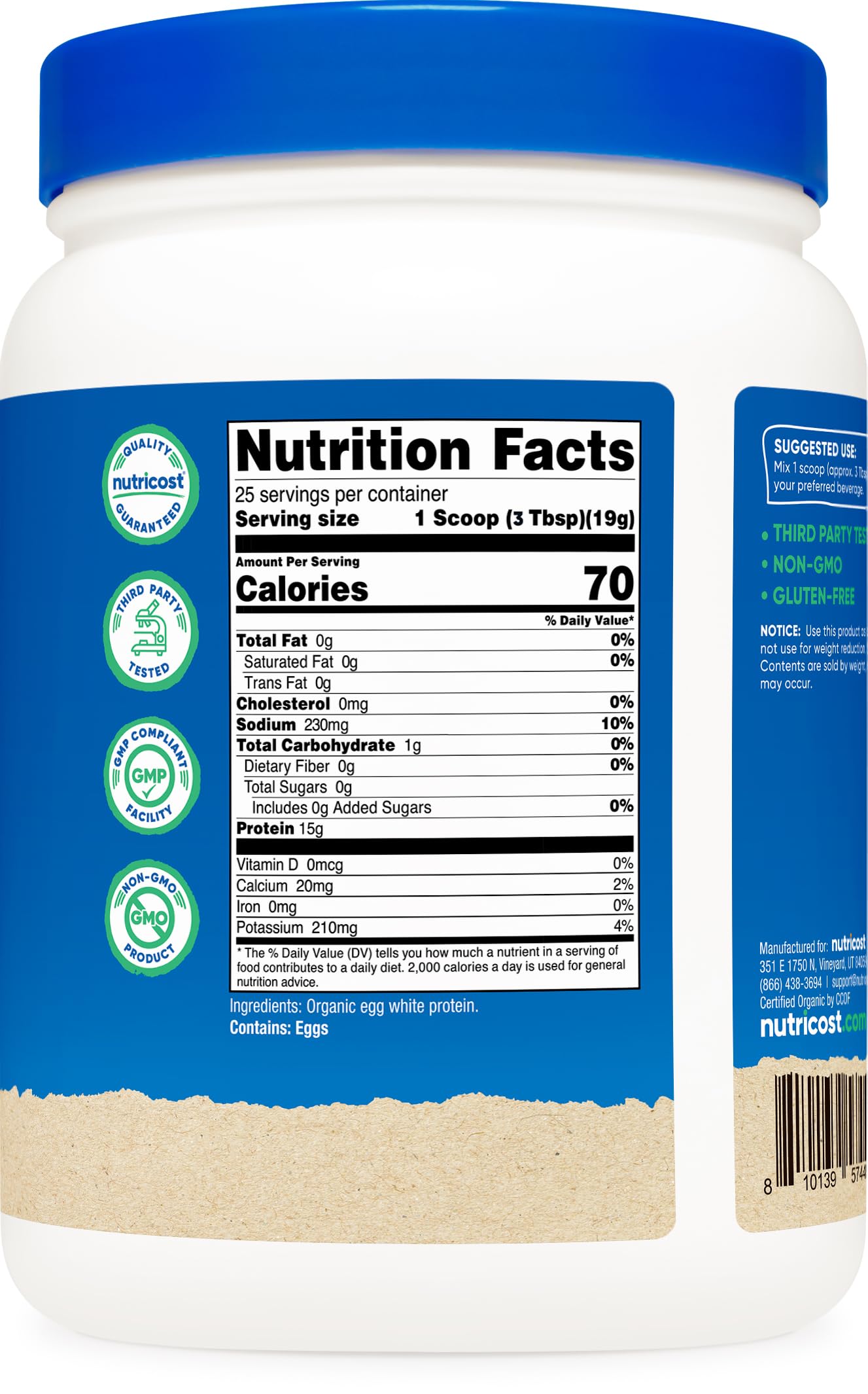 Nutricost Protéine d Oeuf Bio, emballage certifié GMP et sans OGM.