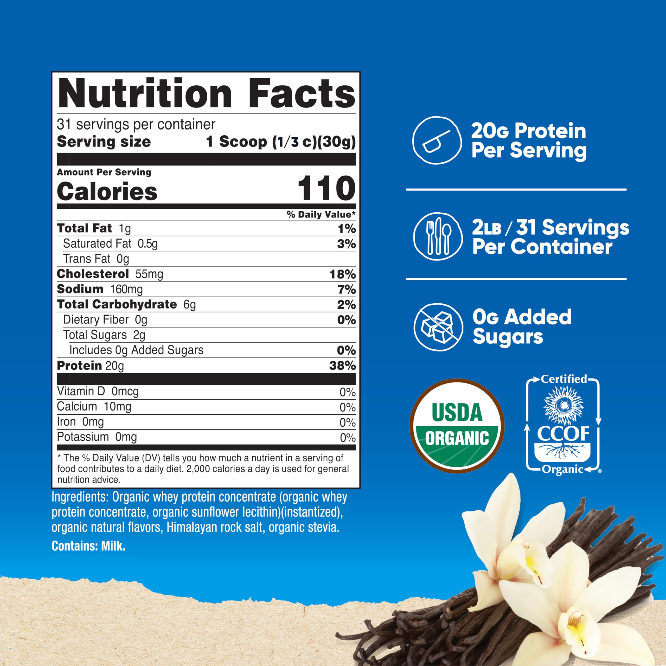 Nutricost étiquette vanille française indiquant sans gluten et sans OGM.