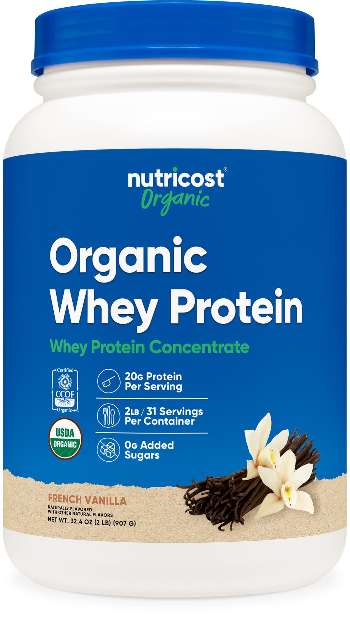 Nutricost protéine en poudre vanille française dans le pot, pratique après l'entraînement.