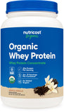 Nutricost protéine en poudre vanille française dans le pot, pratique après l'entraînement.