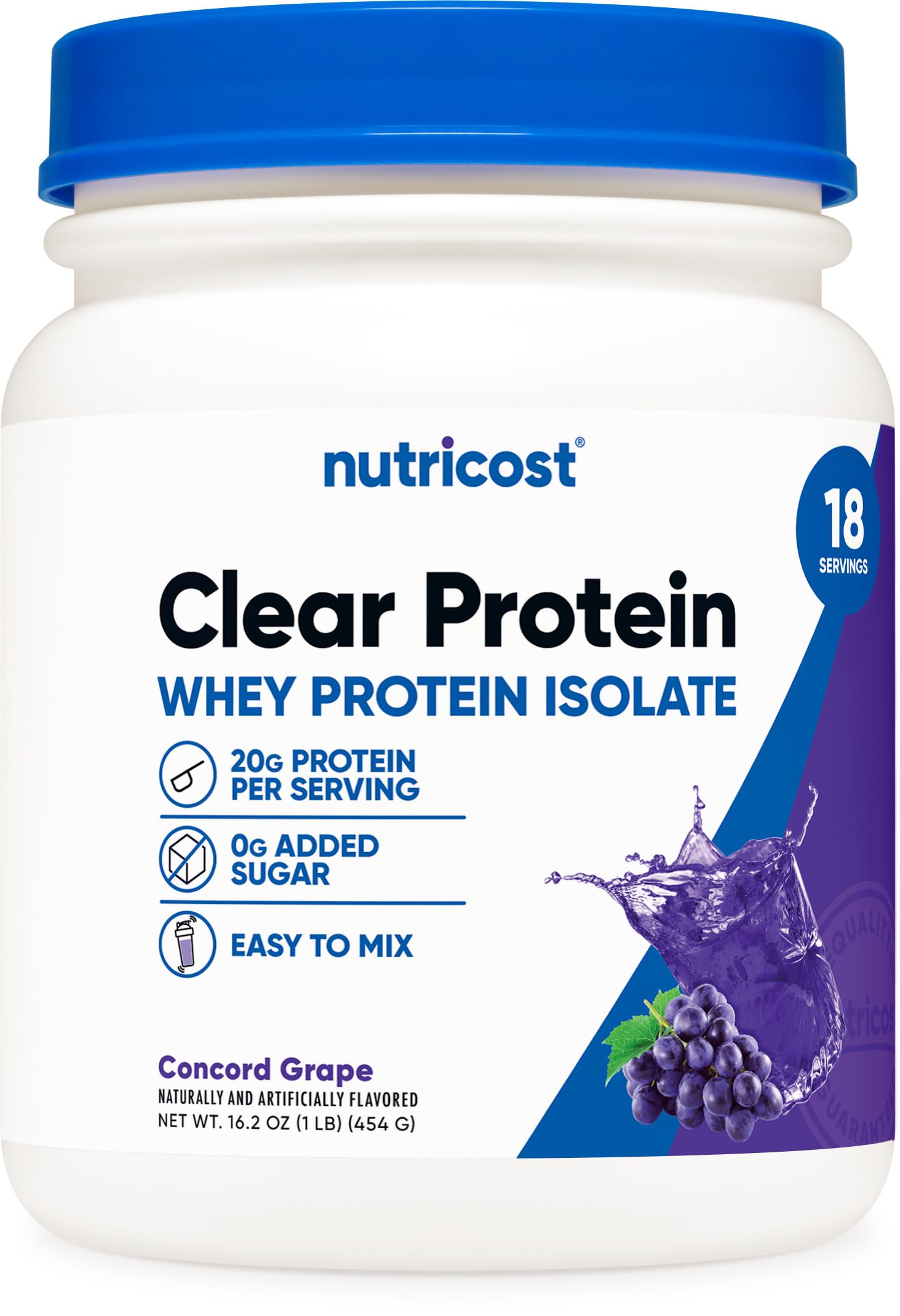 Nutricost protéine isolée de lactosérum, emballage raisin Concord, goût rafraîchissant et pratique.