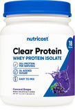 Nutricost protéine isolée de lactosérum, emballage raisin Concord, goût rafraîchissant et pratique.