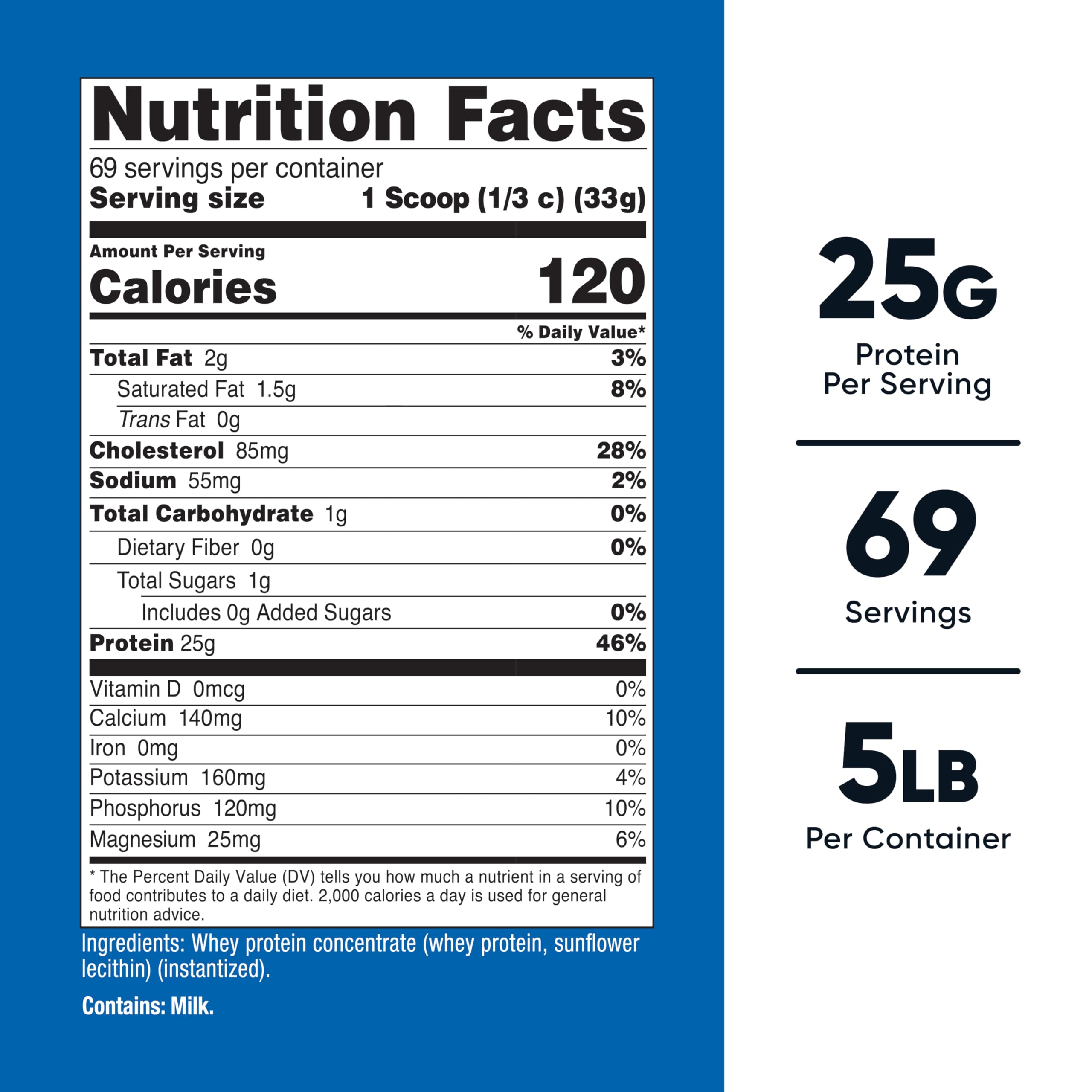 Nutricost protéine lactosérum, doseur inclus, prêt à mesurer une portion rapidement.