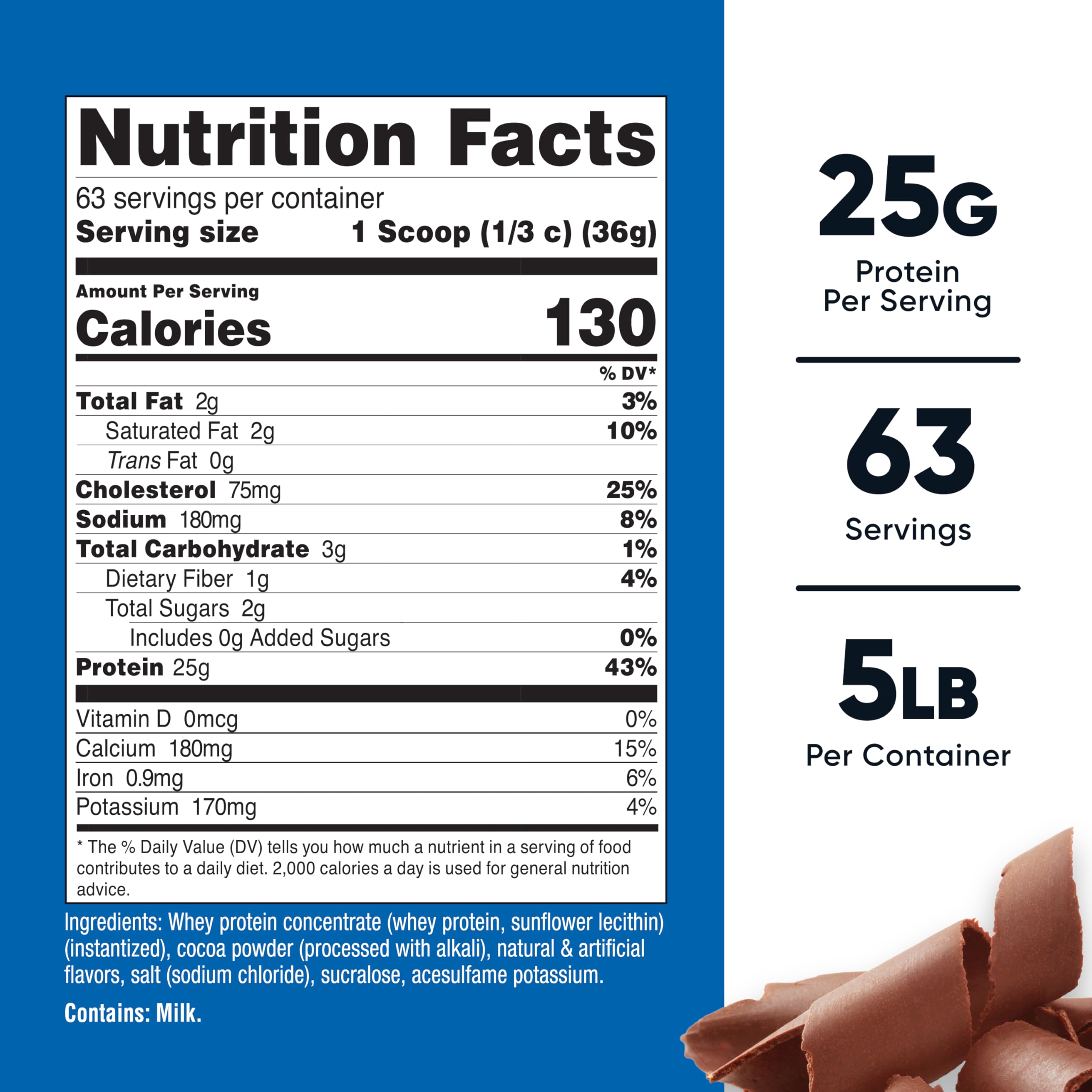 Nutricost Protéine de lactosérum chocolat, cuillère-mesure facilitant le dosage et les portions quotidiennes.